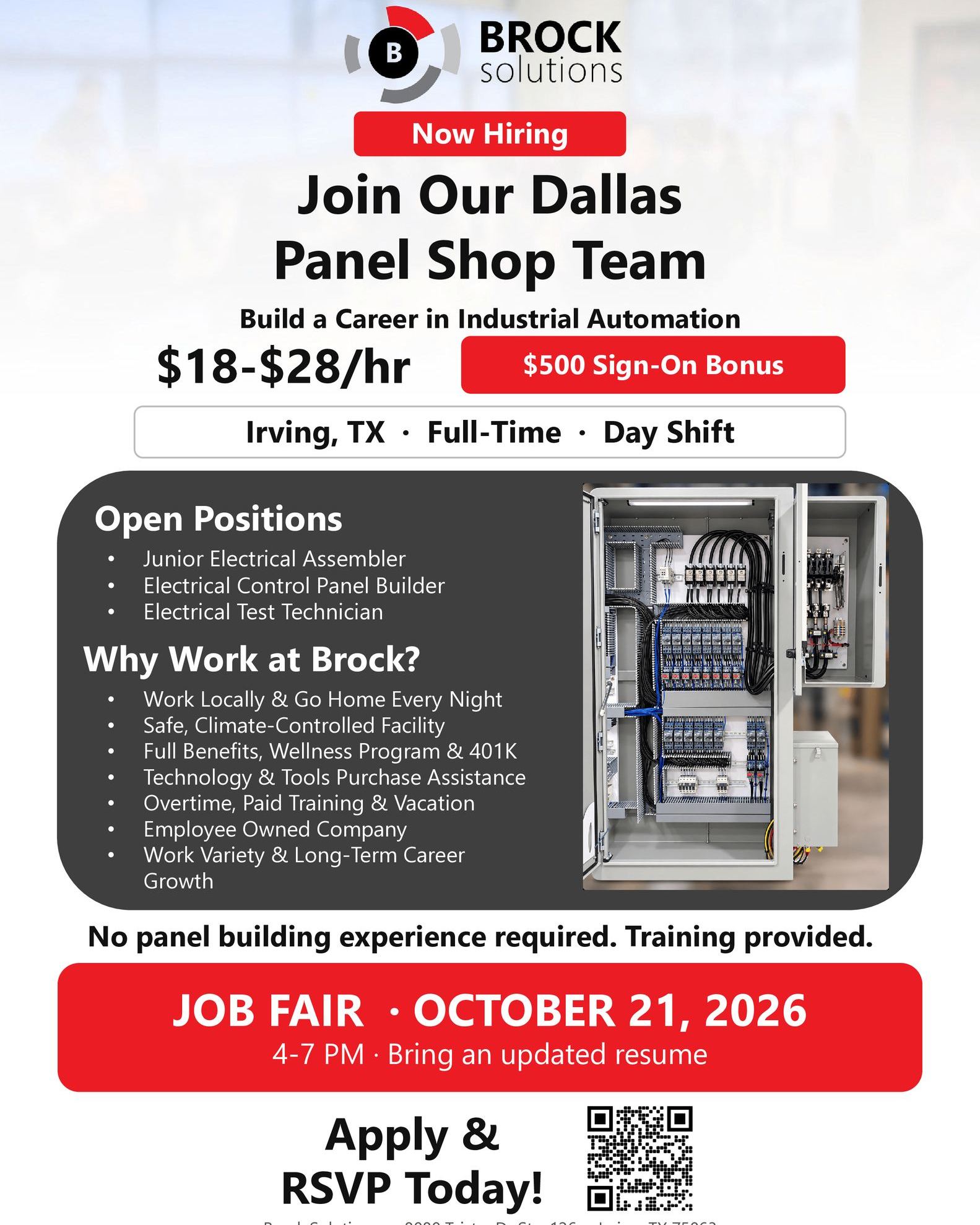 🔧 We're Hiring at Brock Solutions! Join us at our Hiring Event on October 21 to learn more about the multiple Panel Shop opportunities available. Scan the QR code to learn more and RSVP.  #NowHiring #ManufacturingJobs #ElectricalJobs #DallasJobs